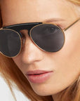Leather Metal Gold Pilot Sunglasses